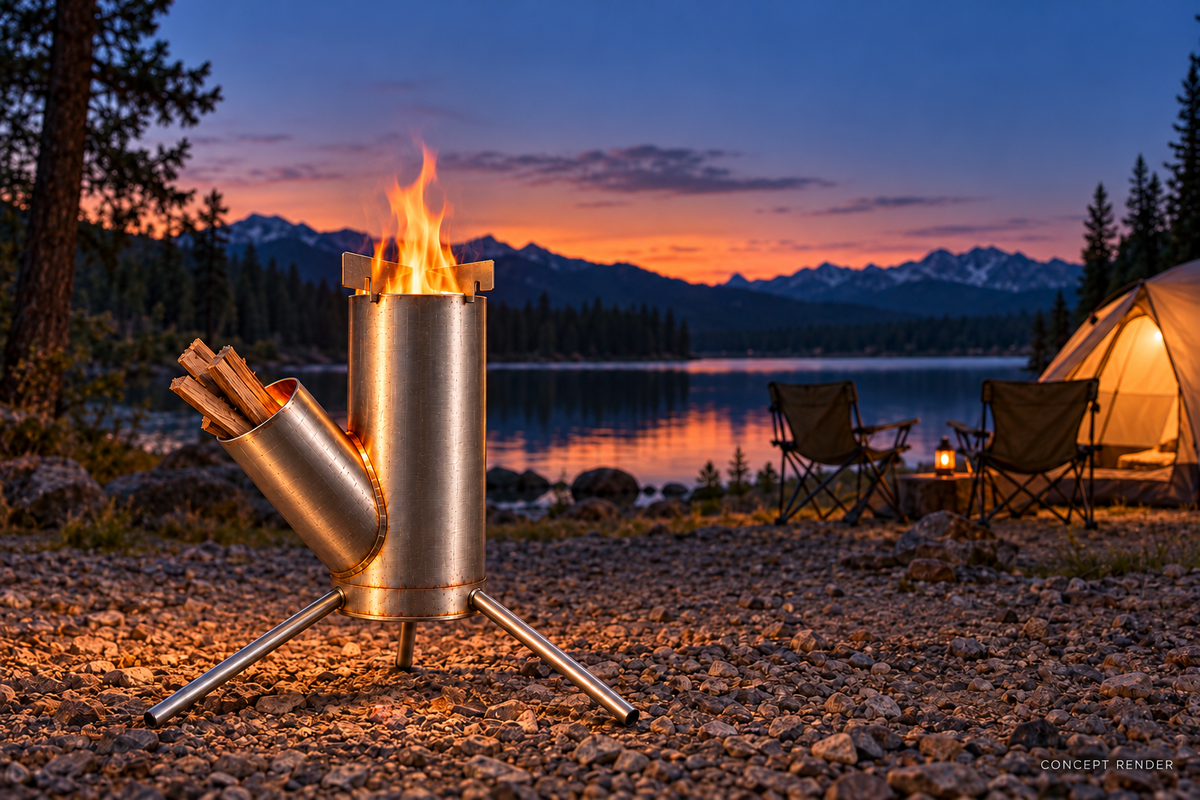 BeeHome Rocket Stove — illustrative camping scene